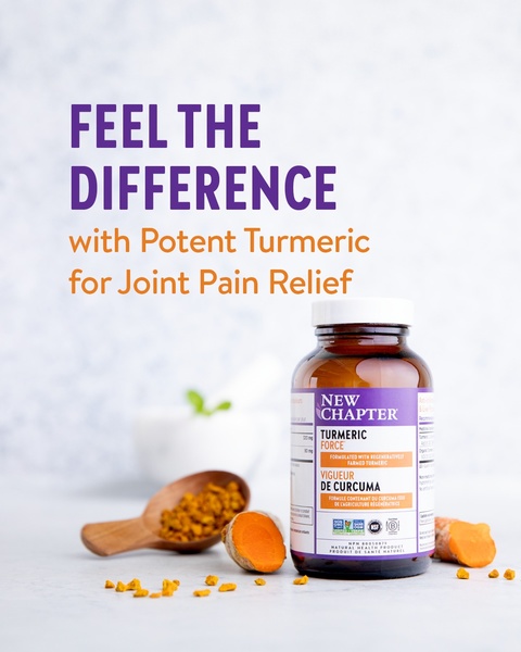A high-clarity product photography creative showcasing a bottle of turmeric supplements next to raw ingredients with bold, direct benefit-driven copy.
